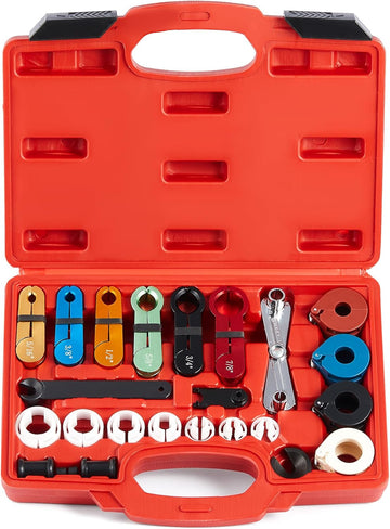 25-piece quick disconnect tool set for fuel, A/C, and transmission lines compatible with Ford, Chevy, and GM. Easy-to-use and durable.